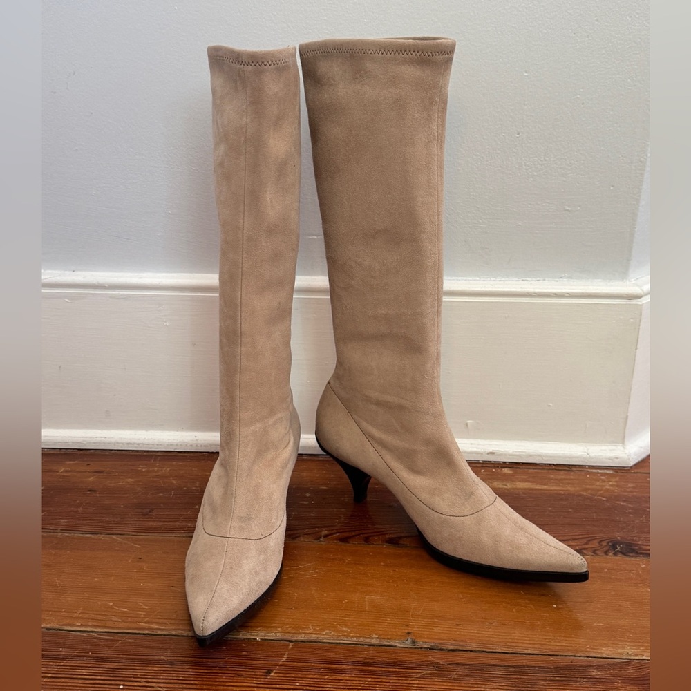 Rare Vtg Y2K MIU MIU Prada Beige Microsuede SockBoots Kitten Heel Pointed Toe 36